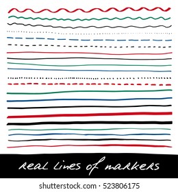 Hand Lines - Real Markers. Different Lines - Straight, Wavy, Interrupt, Dotted, Thick, Thin... Black, Green, Blue, Red. Vector Set. Isolated On White Background. Eps 10