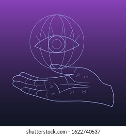 Hand with lines and signs of fate on it, from above the eyes in a sphere. Palmistry, esotericism, foresight of the future. Vector illustration.