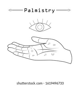 Hand with lines and signs on it. Above the hand is the symbol of the eye. Fortunetelling, esotericism, palmistry. Vector illustration