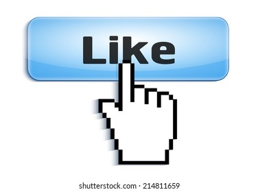  hand link selection computer mouse cursor pressing  glossy button with Like text isolated on white background