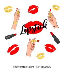 Hand mit Lippenstift handgezeichnet. Vektorgrafik im Skizzenstil.