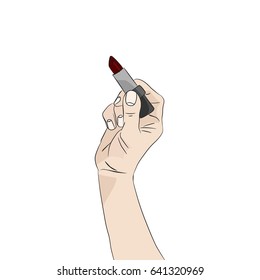 Hand with lipstick on white background