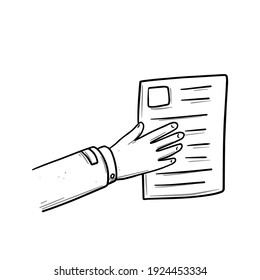 Hand with a list of paper. Sketch drawn cartoon illustration. Person hold file document in hand.