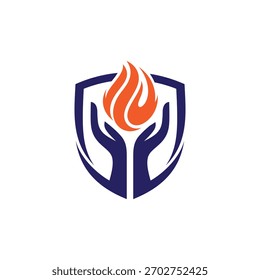 Design de logotipo de mão com chamas em um quadro em forma de escudo. Ícone de vetor de mão e fogo