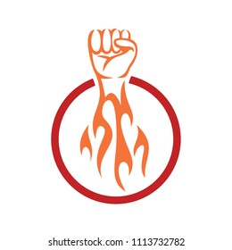 Hand logo with fire in circle, Right Hand fire blow logo, fist hand vector logo