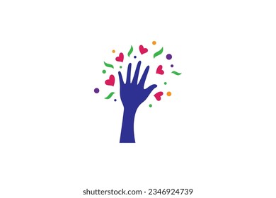 hand logo with heart, leaf and bubble ornament