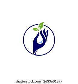Hand logo holding green leaf with  with water drop