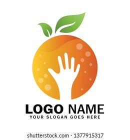 Hand logo holds orange fruit, orange fruit logo, care fruit symbol
