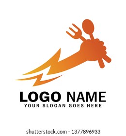 Hand logo holds spoon and fork with variations of thunder as fast symbol
