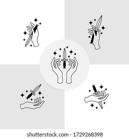 hand logo with knife line art simple theme editable template