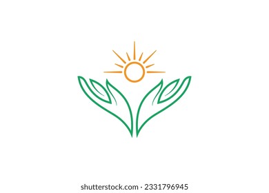 Hand logo with Leaf and Sunrise design combination