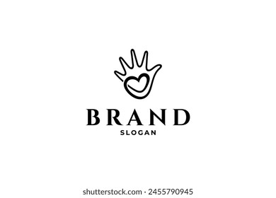 Hand logo with love symbol in line art minimalist design style