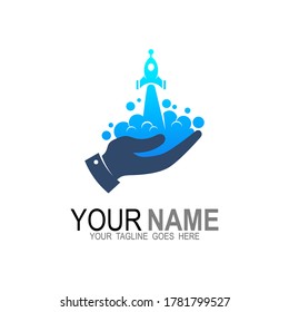 Logotipo de mano con icono de cohete, vector de diseño del logo Dream
