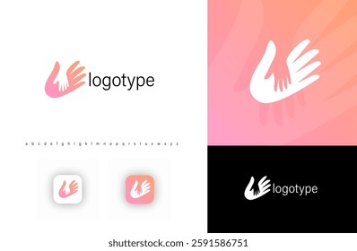 Hand logo with smaller hand inside, symbolizing care, support, trust. Ideal for charities, nonprofits, healthcare, social services, community programs, wellness brands. Vector logo template. 