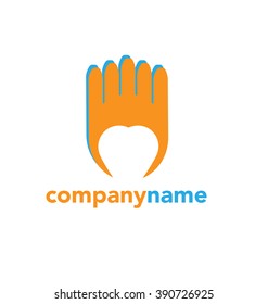 Hand logo template. This graphic illustration also represents company employees meeting, corporate partnership, love & passion, heart icon
