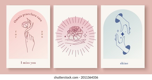 Hand logo templates set, emblems. Vector logo design templates with various hand gestures. Postcards, banners or posters. Linear compositions. Vector illustration	