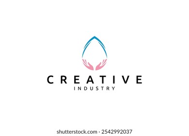 logotipo da mão com combinação de forma de gota de água em estilo de design plano