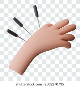 Hand with long needles. Pressure on anatomical points. Vector model for acupuncture concepts