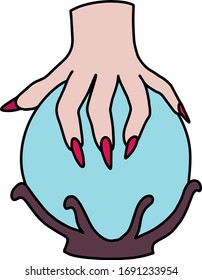 Hand mit langen roten Nägeln, Schicksal erzählen auf einer Kristallkugel. Clairvoyance, Hexerei, Okkultismus. Cartoon farbige flache Vektorillustration-Grafiken.