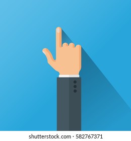 Hand with long shadow in the suit pointing with index finger on blue background. Flat style vector illustration.