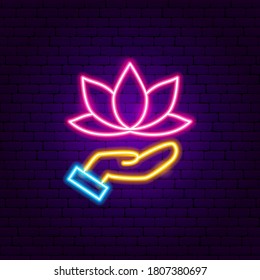 Letrero de mano de Lotus Neon. Ilustración vectorial de la promoción de la meditación.