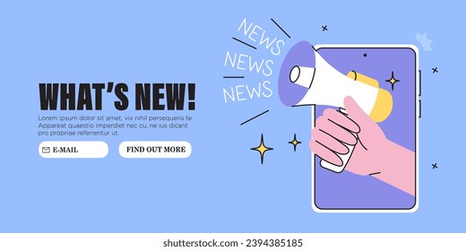 Hand with loud speaker share latest or hot news online on smartphone screen. Breake for news feed during working hours. Vector graphic style illustration for web or social media banner, ui, app.