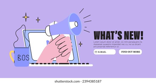 Hand with loud speaker share latest or hot news online on laptop screen. Breake for news during working hours. Flat design vector graphic style illustration for web or social media banner, ui, app.