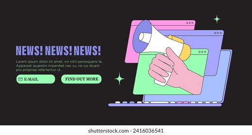 Hand with loud speaker share latest or hot news online on laptop screen. Breake for news during working hours. Flat design vector graphic style illustration for web or social media banner, ui, app.