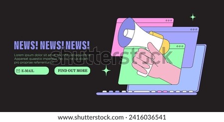 Hand with loud speaker share latest or hot news online on laptop screen. Breake for news during working hours. Flat design vector graphic style illustration for web or social media banner, ui, app.