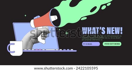 Hand with loud speaker share latest or hot news online on laptop screen. Breake for news during working hours. Collage halftone design vector illustration for web or social media banner, ui, app.