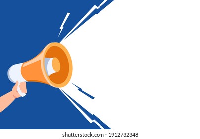 Hand with loudspeaker. Cartoon human arm holding megaphone. Colorful background with copy space. Retro electronic device for increasing voice volume. Loud audio message, vector promotional banner - Shutterstock ID 1912732348