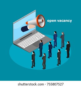 A hand with a loudspeaker sticks out of the laptop, people in business suits, an ad for recruitment