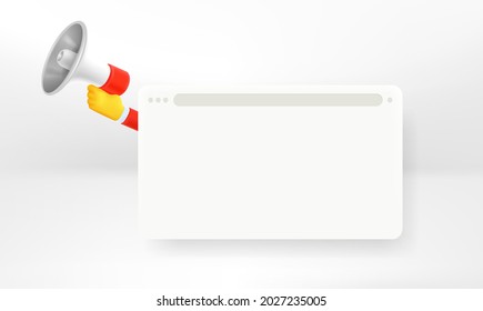 Hand with loudspeaker. Web notification concept with empty browser window