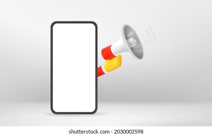 Hand with loudspeaker. Web notification concept with mobile phone mockup, 