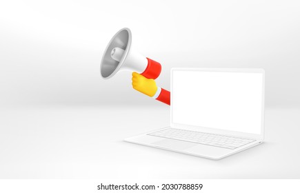 Hand with loudspeaker. Web notification concept with white laptop mockup