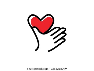 hand and love heart logo, simple abstract line art vector design