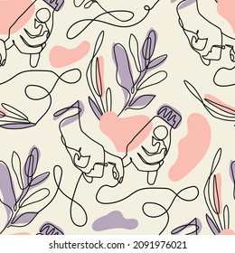 Hand love heart shape sign - Valentines day seamless pattern one line background