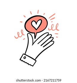 Hand with love icon heart. Hand drawn colorful cartoon style. Vector illustration.