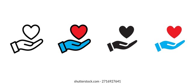 Mão com ícone de amor definir vetor no fundo branco. voluntário, generosidade, símbolo de empatia. ilustração vetorial.