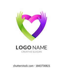 hand love logo, love and hand, combination logo with 3d colorful style