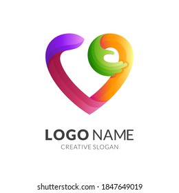 hand love logo, love and hand, combination logo with 3d colorful style