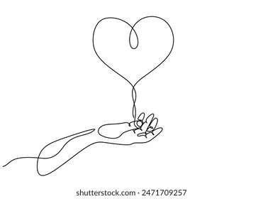 Hand with love symbol continuous line drawing. Charity and donation concept. Vector illustration minimalist design hand drawn.