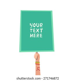 A hand with Love tattoo and colorful friendship bracelets holding a placard. Colorful background with hand and place for a text. Youth or Generation Y concept. Vector illustration un flat style 