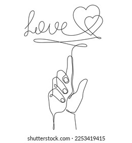 Mano con amor palabra arte de una línea, contorno continuo de dibujo, diseño romántico dibujado a mano para el Día de San Valentín.Novias, nupcias, símbolo de compromiso.Acto editable.Isolated.Vector ilustración