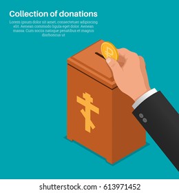 The hand lowers a coin in a box for donations. Concept of donation, monetary collecting, help to people. A donation on church. Human mercy. Vector illustration 3d style. Isometric projection.