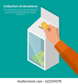 The hand lowers a coin in a box for donations. Concept of donation, monetary collecting, help to people. Human mercy. Vector illustration v3d style. Isometric projection. Flat design.