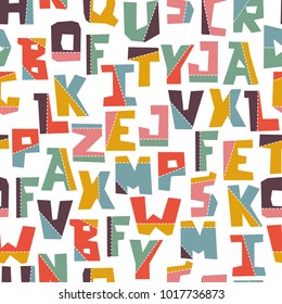 Hand lubberly cut vector colorful applique alphabet seamless pattern. Good for school projects, posters, textiles.