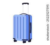 Hand luggage, baggage with handle and spinner wheels. Packed suitcase for holiday. Bag, travel accessory, touristic valise, case, carry-on. Flat vector illustration isolated on white background