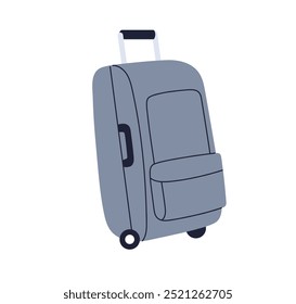 Hand luggage, baggage with handle and spinner wheels. Packed suitcase for holiday. Bag, travel accessory, touristic valise, case, carry-on. Flat vector illustration isolated on white background