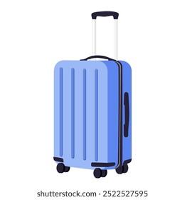 Hand luggage, baggage with handle and spinner wheels. Packed suitcase for holiday. Bag, travel accessory, touristic valise, case, carry-on. Flat vector illustration isolated on white background